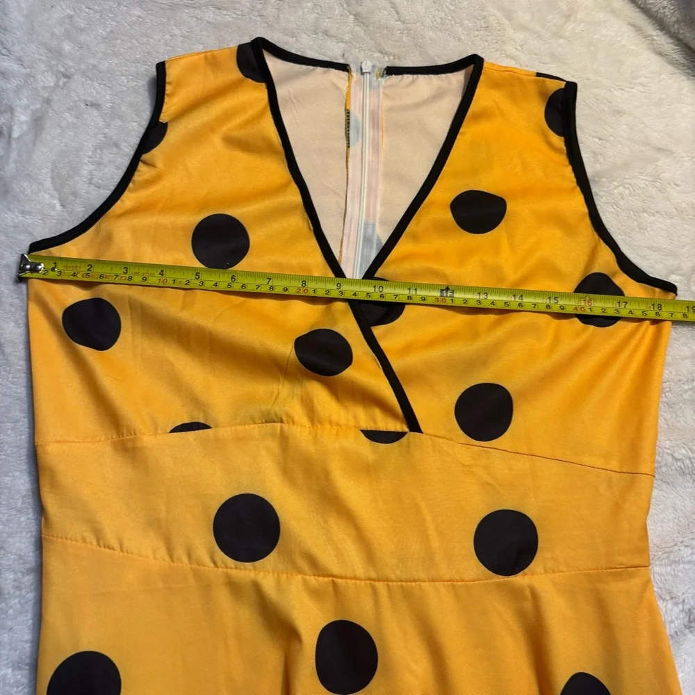 Yellow Polka Dot Dress Large Midi Sleeveless Faux Wrap Black Dots Cotton Poly - Picture 13 of 16